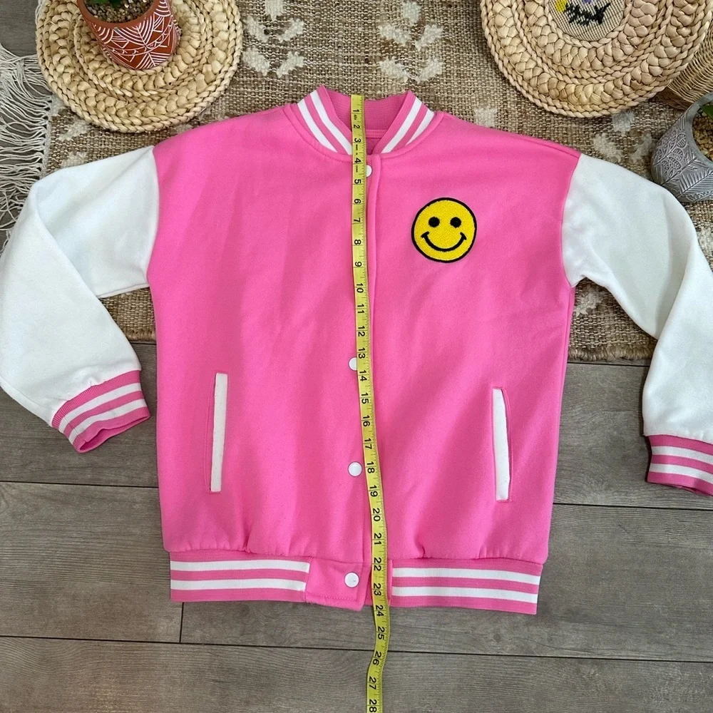 Boutique Girl’s Pink and White Varsity Jacket with Smiley Patch Size XL